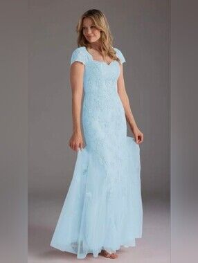 NWT Light Blue Lace Appliqué Cap Sleeve Wedding Dress Evening Gown Size 14